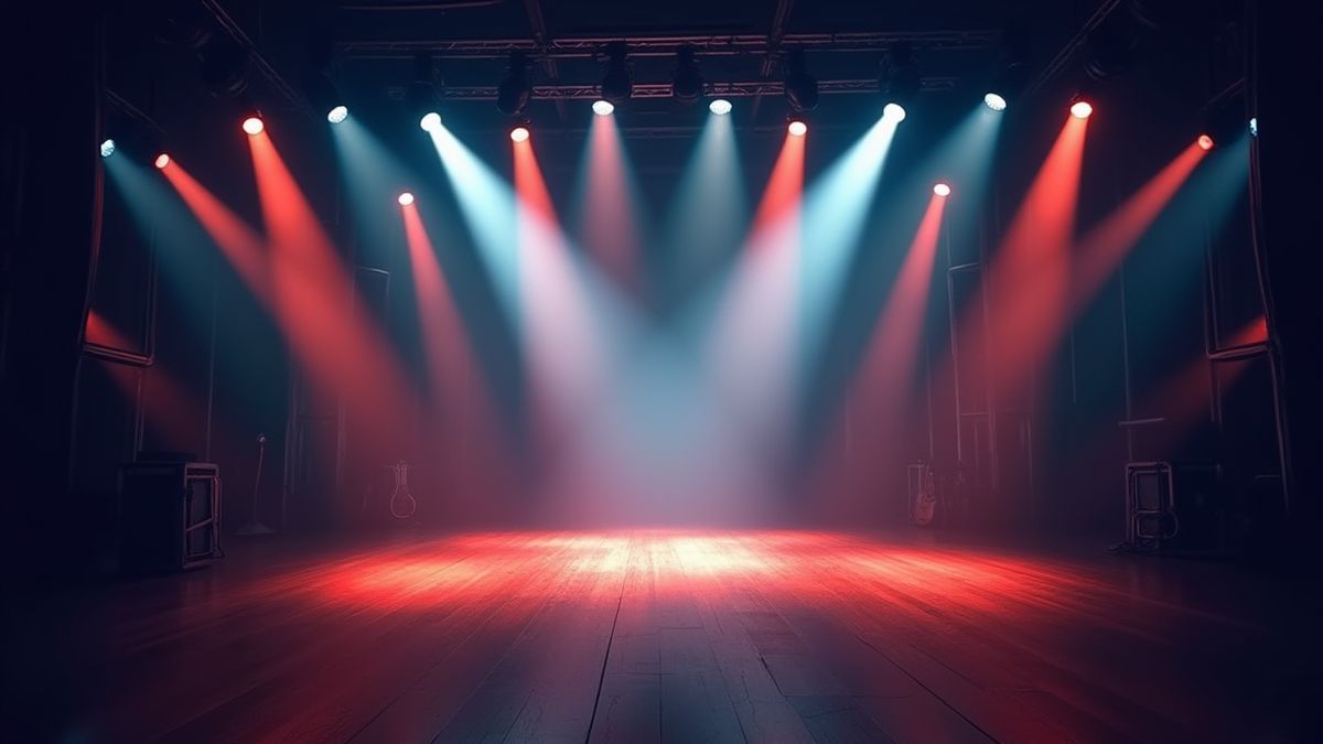 Um cenário iluminado com guitarras elétricas e luzes brilhantes.