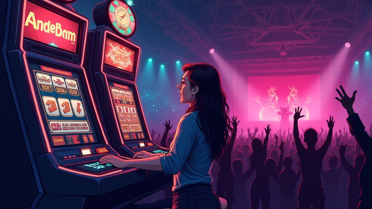 Pessoa jogando uma máquina caça-níqueis com um concerto de rock ao fundo.