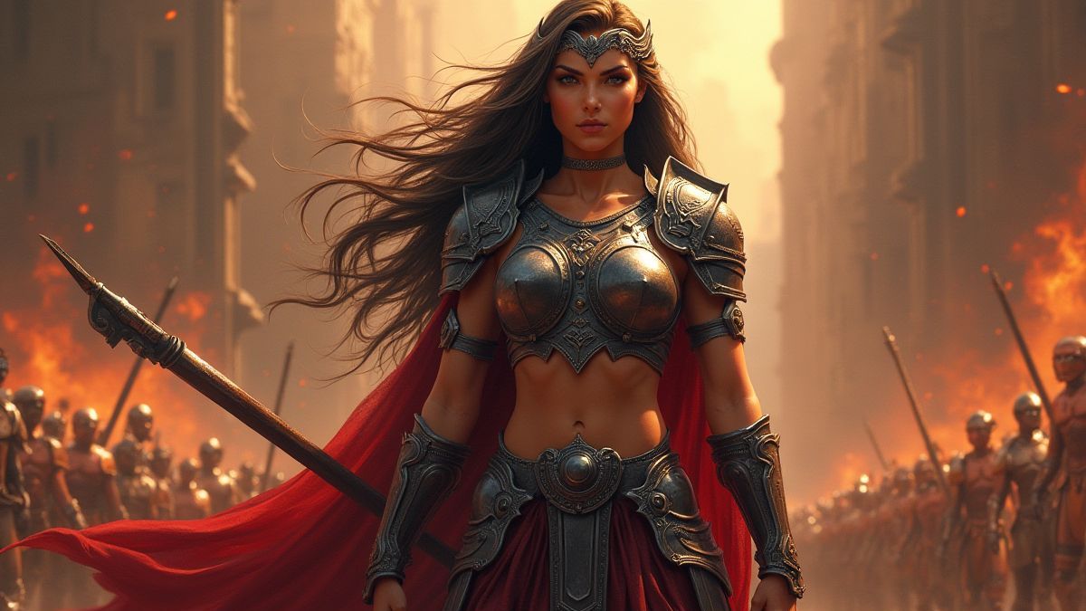 Amazon warriors in gothic armor on a battlefield
