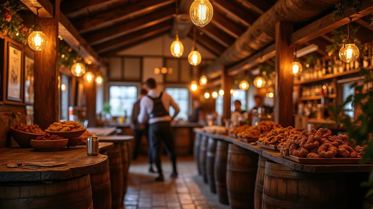 Eine bayerische Kneipe mit Holzfässern und typischen Trachten.