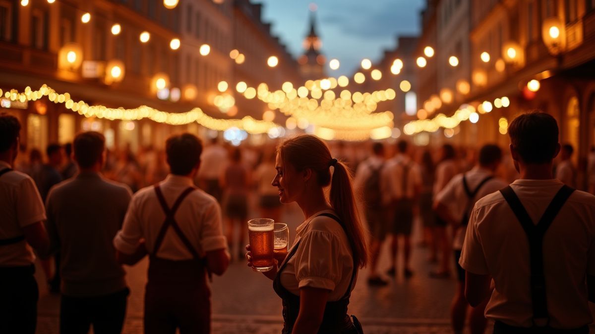Oktoberfest-Feier mit tanzenden Menschen und genießendem Bier.