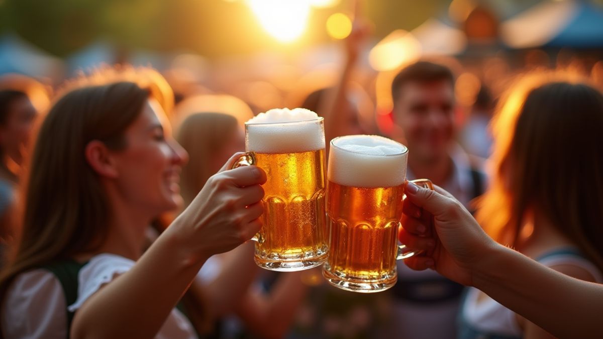 Ein Biergarten des Oktoberfestes mit Menschen, die anstoßen und genießen.