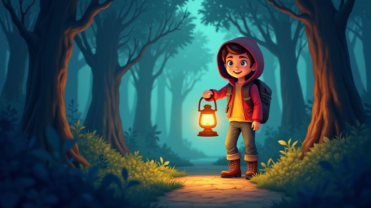 Um aventureiro feliz explorando uma floresta mágica com uma lanterna.