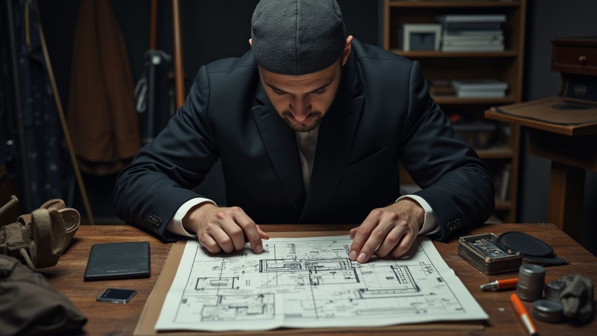 Um ladrão planejando um assalto com plantas e ferramentas.