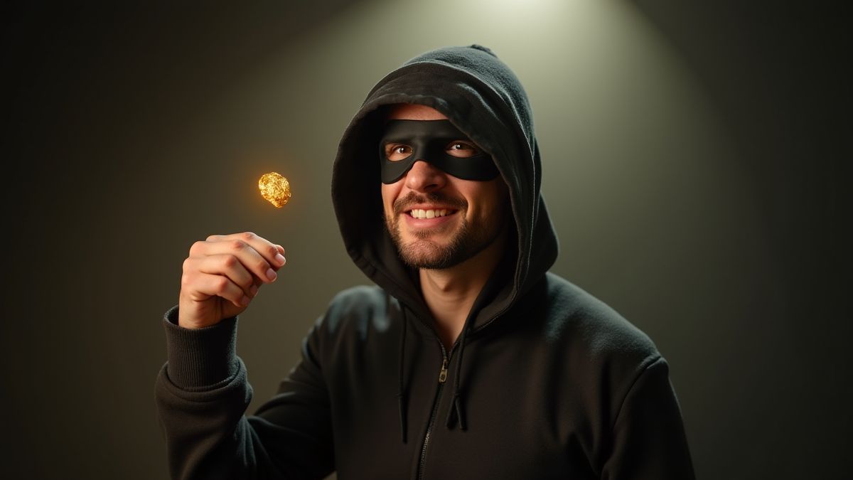 Um ladrão vitorioso segurando um lingote de ouro sob um foco de luz.
