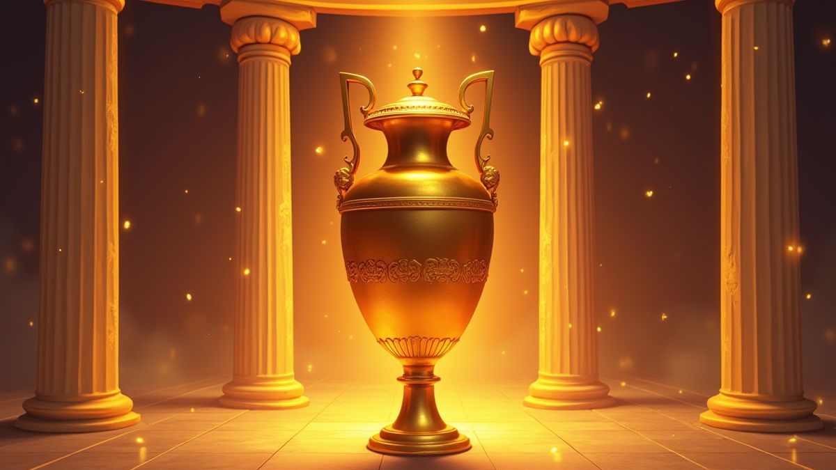 Eine goldene Vase umgeben von griechischen Säulen und leuchtenden Lichtern.
