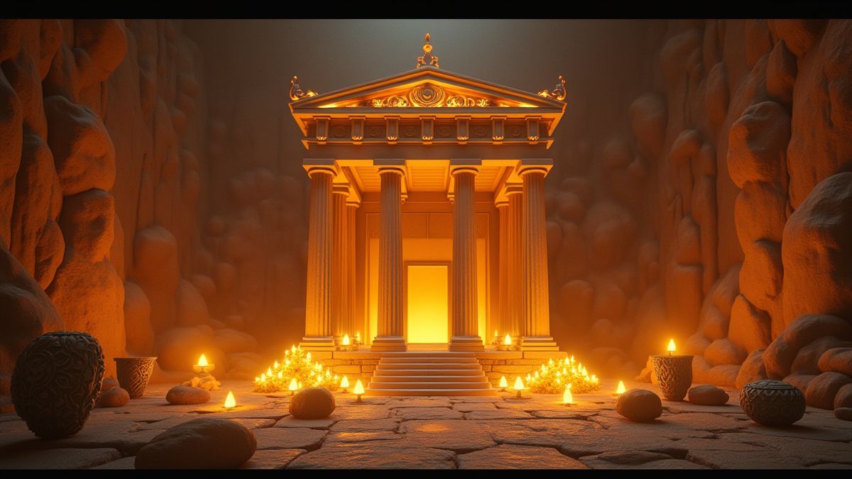 Ein mystischer griechischer Tempel umgeben von goldenen Lichtern und leuchtenden Artefakten.