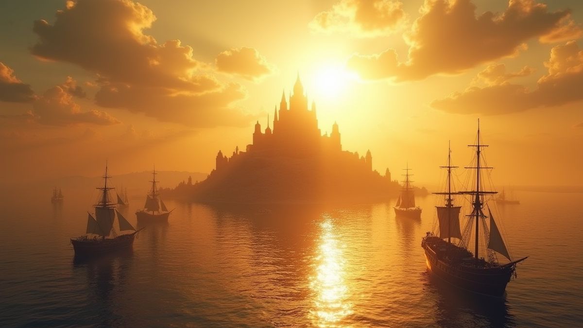 Isla griega dorada rodeada de barcos de guerra bajo un sol radiante.