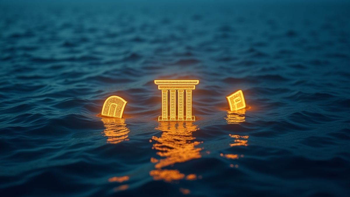 Símbolos dorados brillando sobre un fondo azul del mar griego.