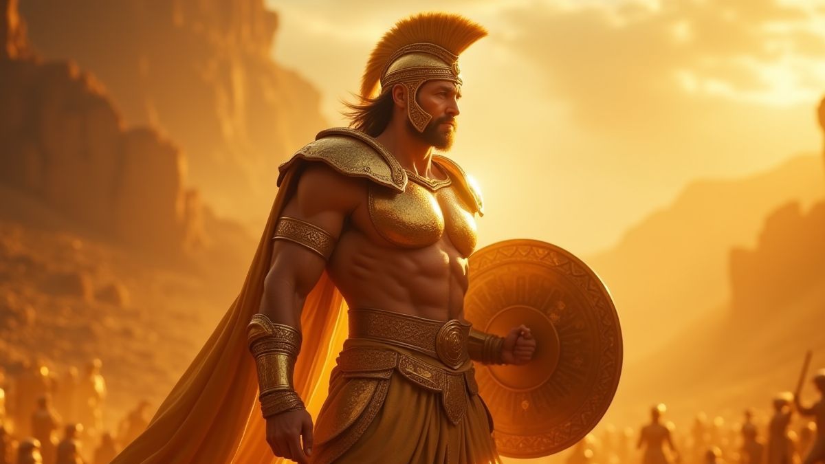 Un dios griego heroico con armadura radiante en medio de un campo de batalla dorado.