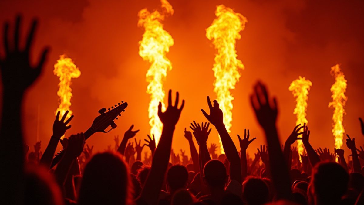 Een rockconcert podium met vlammen en elektrische gitaren.