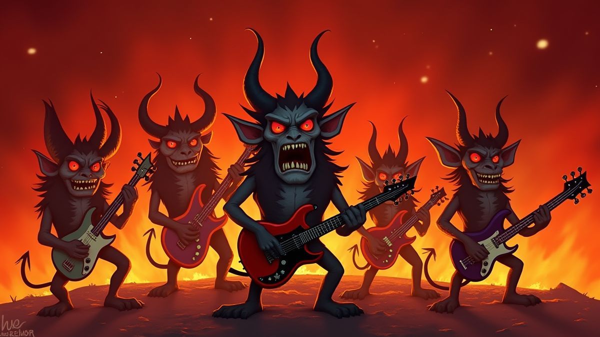 Een groep geanimeerde demonen die instrumenten spelen in een vurige achtergrond.