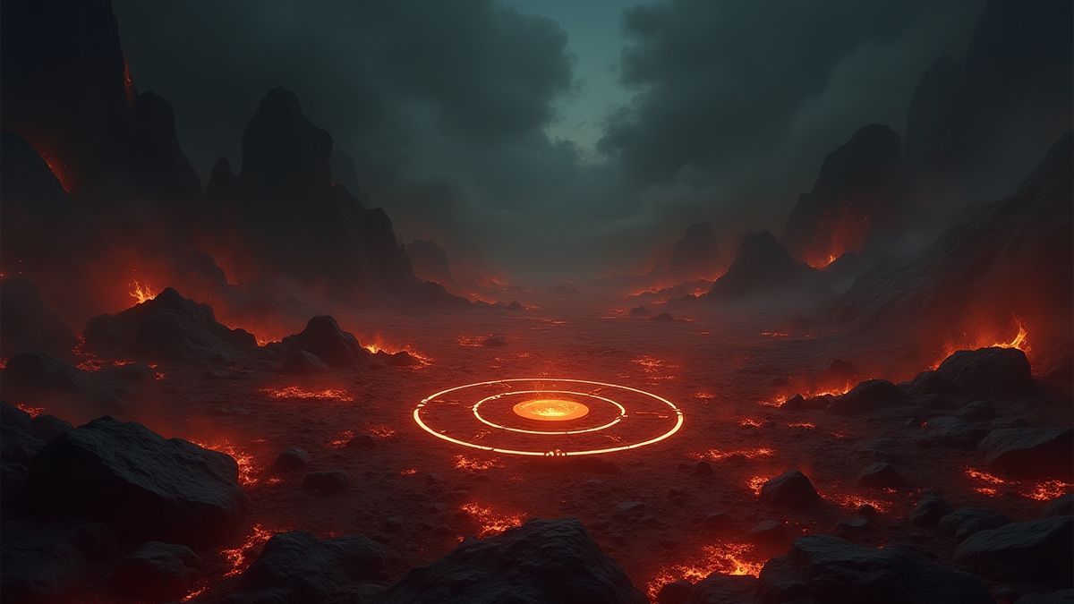 Uma paisagem escura com brasas ardentes e símbolos misteriosos.