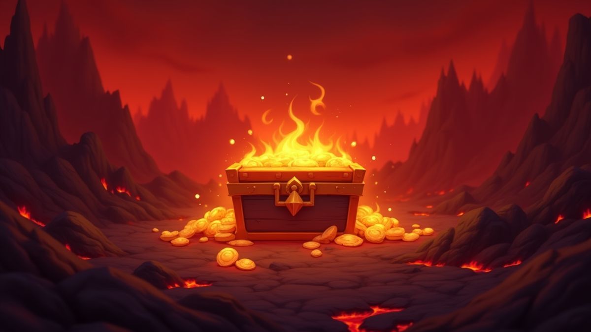 Um baú do tesouro brilhante em uma paisagem infernal.