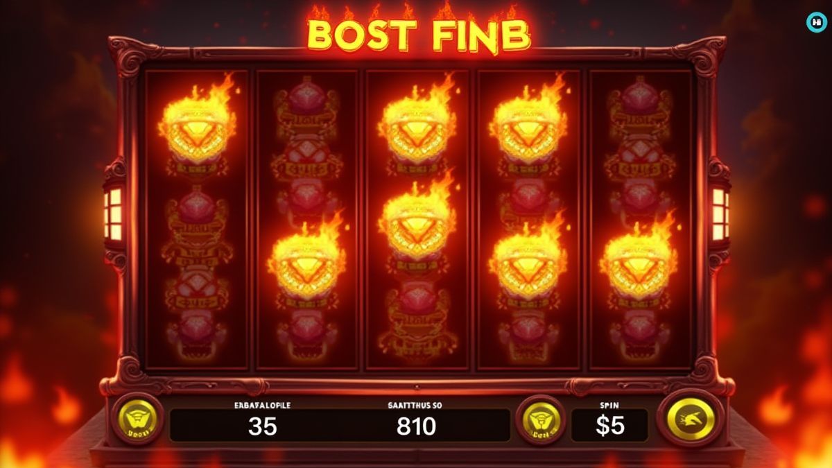 Interfaz de slot con opciones de apuesta y ambiente ardiente.