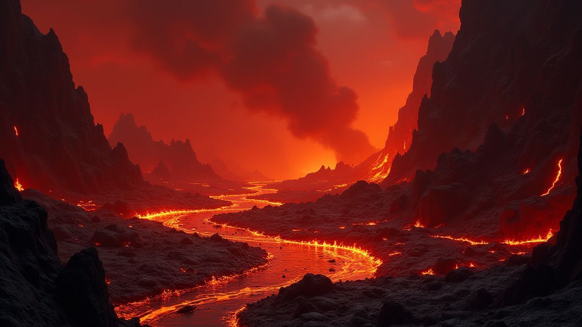 Paisaje ardiente con lava y cuevas oscuras.