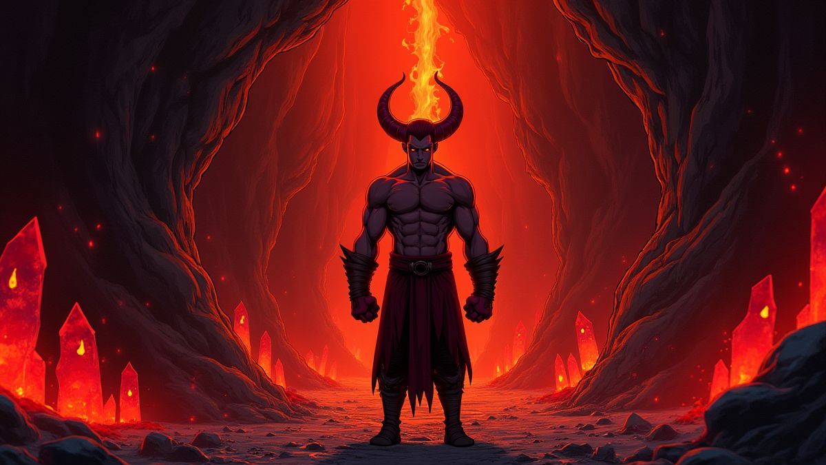 HellBoy in een onderwereld vol vuur en glanzende kristallen.