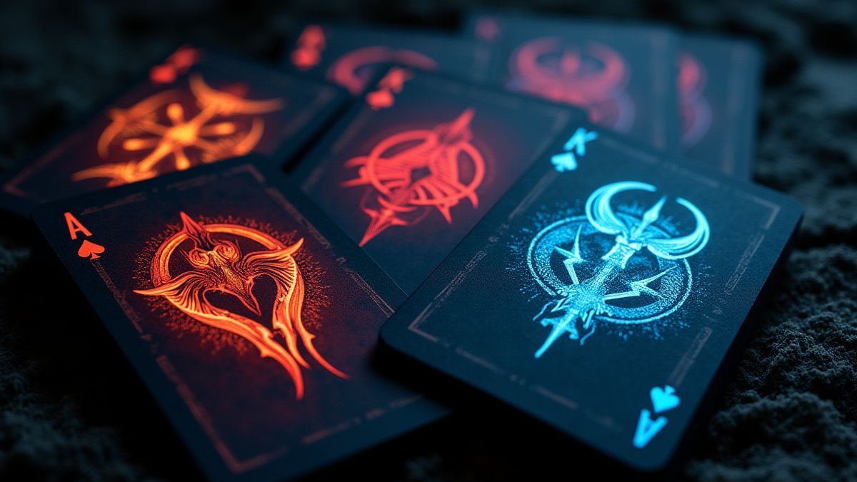 Stripstijl kaartspel met bovennatuurlijke symbolen.