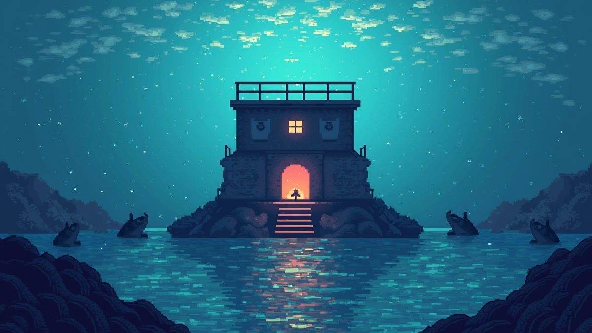 Prison pixelisée avec style rétro entourée de mer et de requins