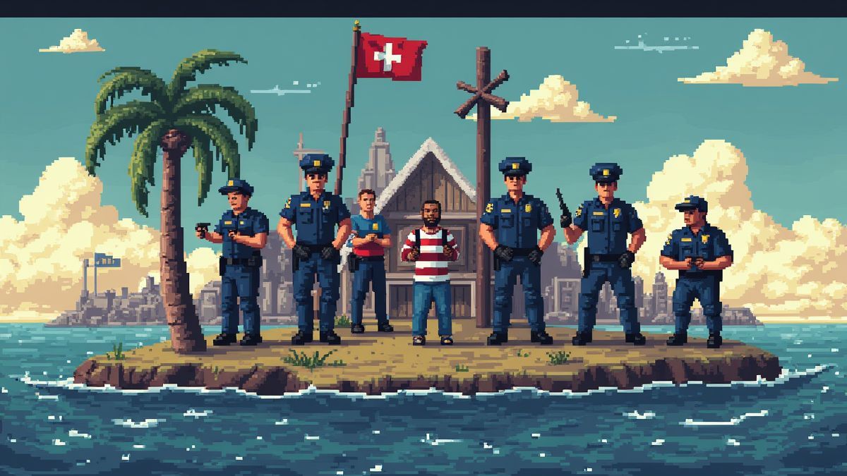 Scène pixelisée rétro avec policiers et prisonniers sur une île