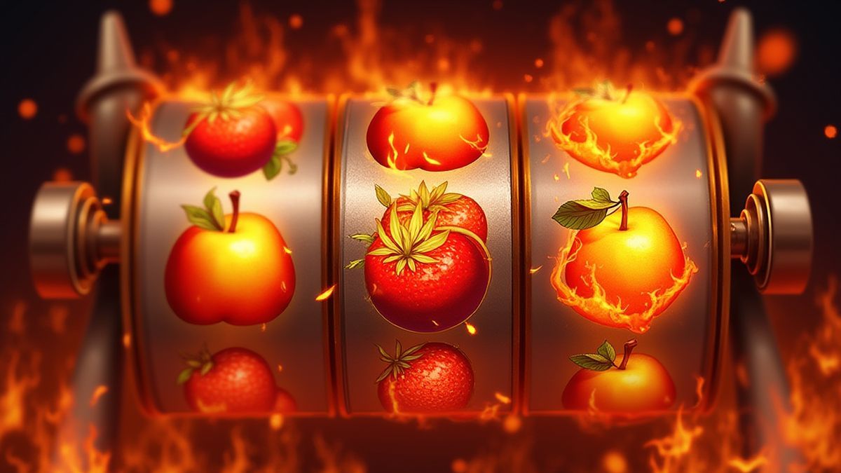 Chamas consumindo símbolos de frutas em um rolo de slot.