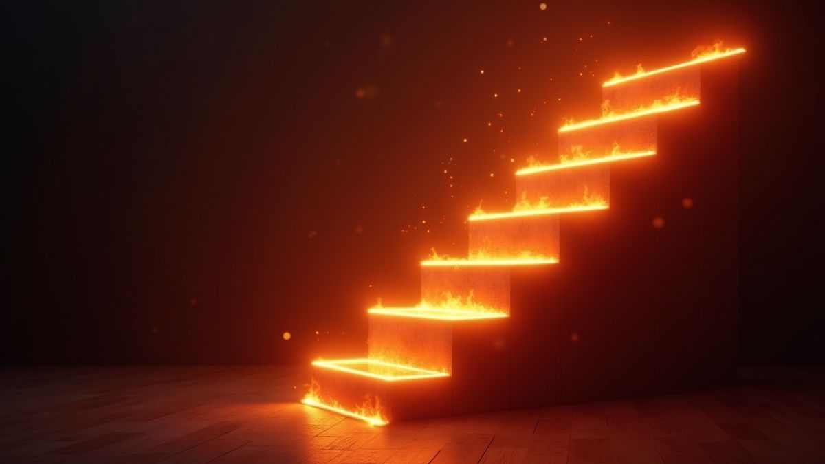 Escada ardente com degraus brilhantes que representam valores de prêmios crescentes.