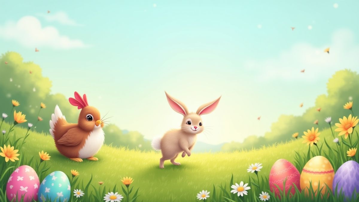 Un conejo brincando cerca de huevos de Pascua en una pradera colorida.