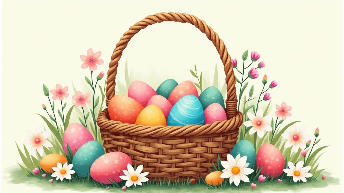 Una cesta llena de huevos de Pascua coloridos rodeada de flores.