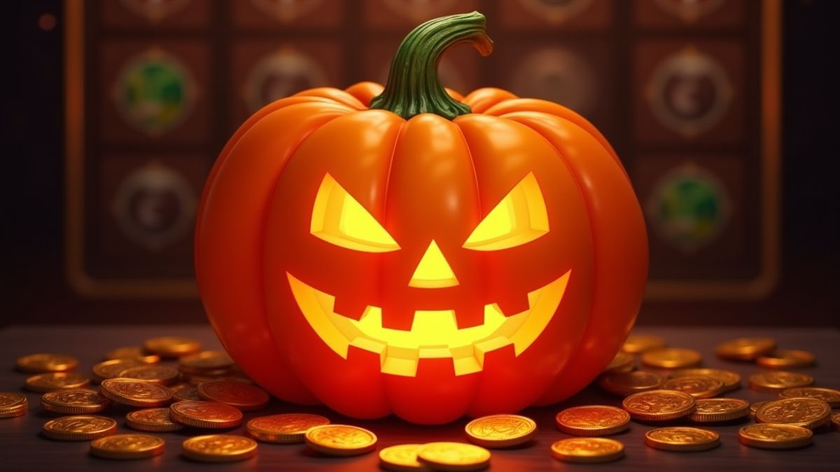 Una calabaza brillante rodeada de monedas en una interfaz de máquina tragamonedas.