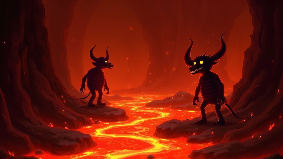 Un paysage infernal animé avec des rivières de lave et des démons espiègles.