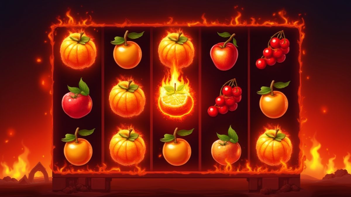 Symboles de fruits classiques dans un fond de feu ardent.