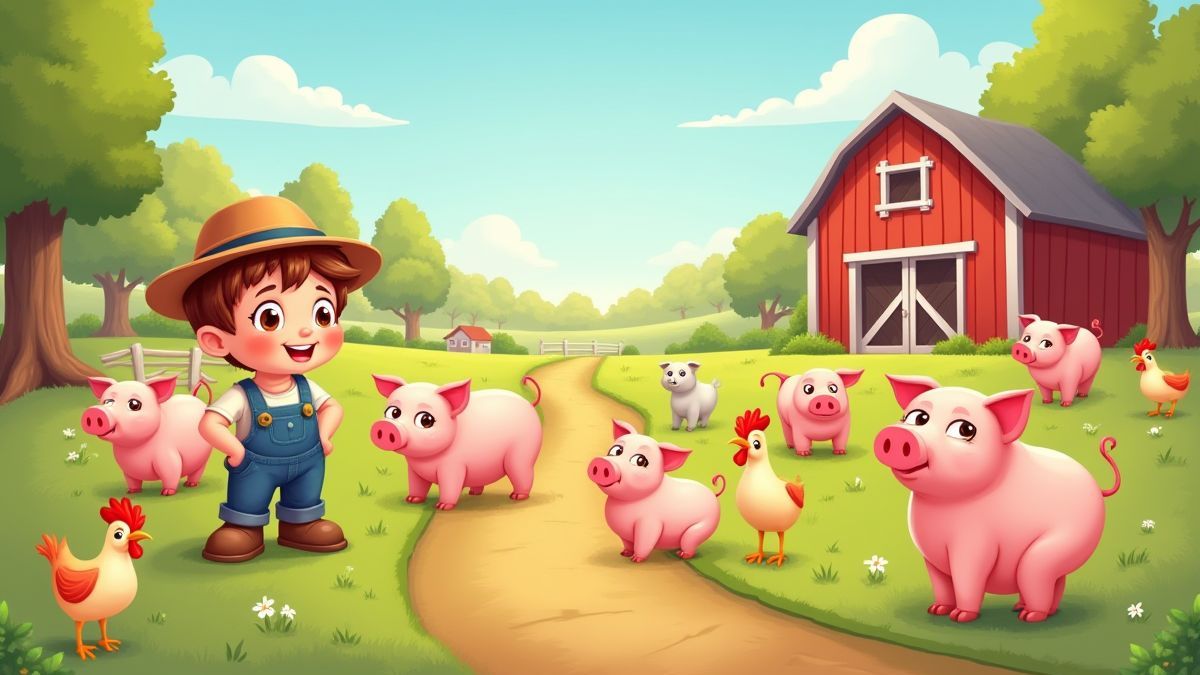 Escena de una granja con animales y un granjero
