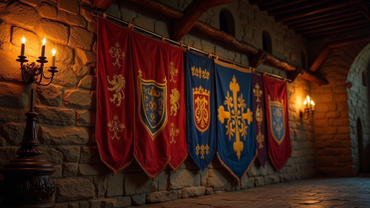 Shields and banners on a castle wall illuminated by candles.