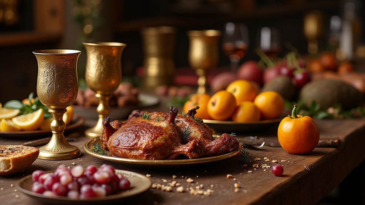 Medieval banquet table with golden goblets, roasted meats, and fruits.