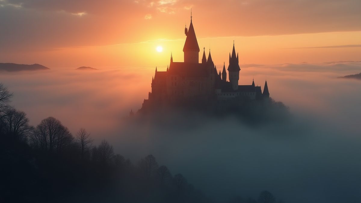 Een middeleeuws kasteel omgeven door mist en een stralende zonsopgang