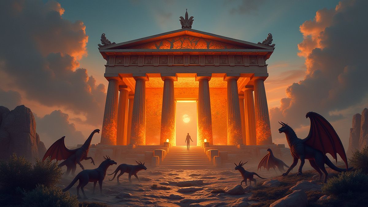 Greek temple with mythical creatures.