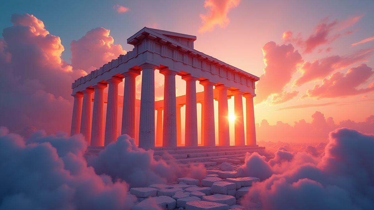 Templo grego vibrante rodeado de nuvens brilhantes.