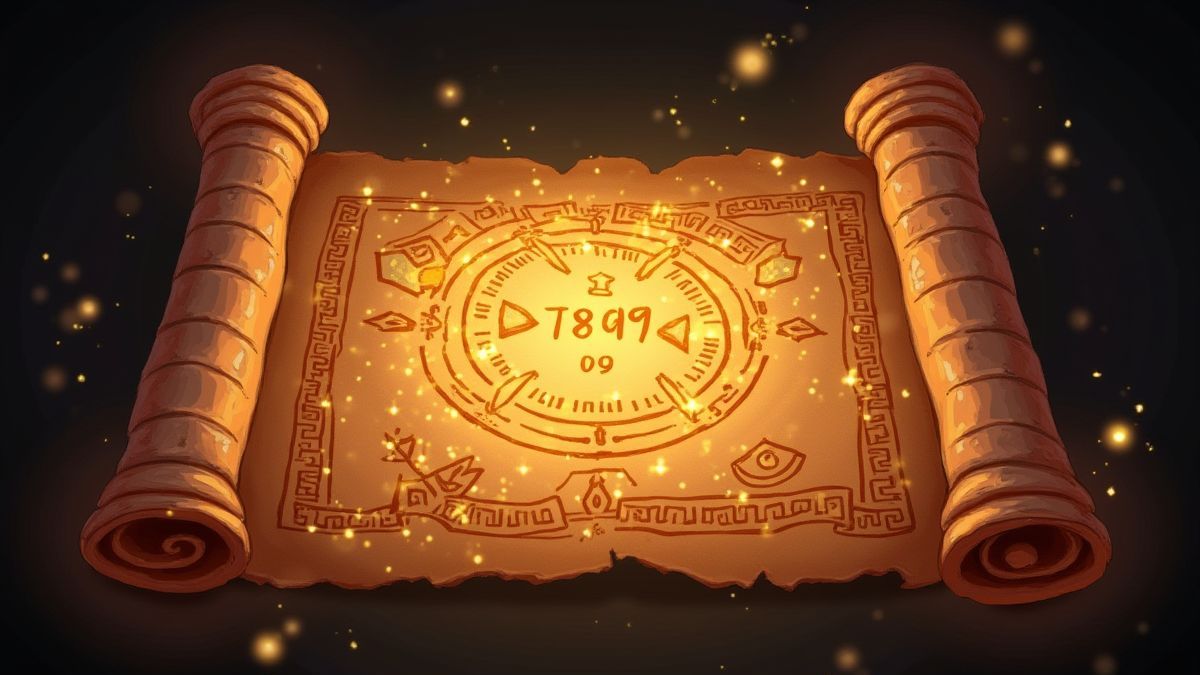 Pergaminho brilhante com símbolos gregos e destelhos mágicos.