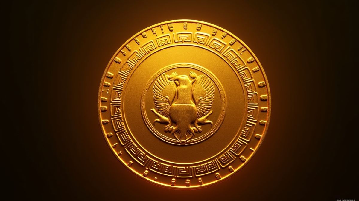 Moeda dourada brilhante com padrões gregos antigos.