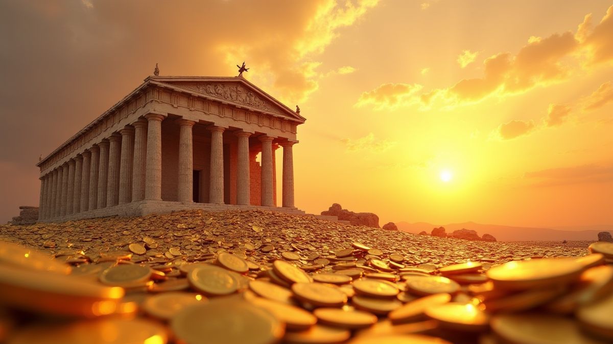 Un templo griego rodeado de monedas doradas y un cielo brillante.