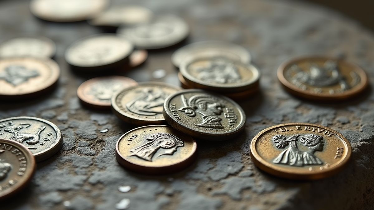Monedas antiguas griegas dispersas sobre una mesa de piedra.
