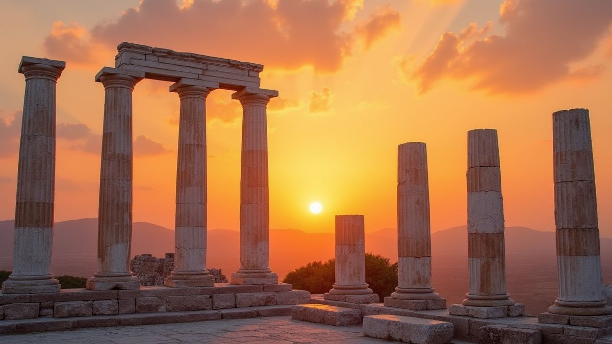 Griechische Marmorsäulen unter einem Sonnenuntergang.