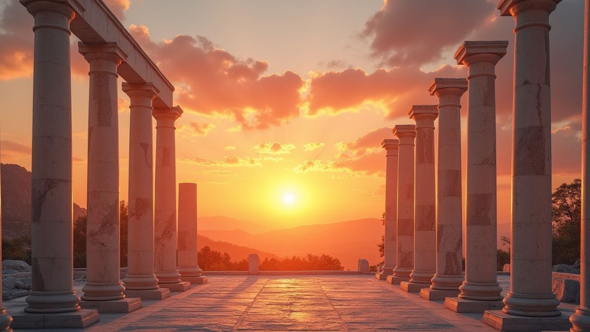 Griechischer Sonnenuntergang mit Marmorsäulen und leuchtendem Himmel.
