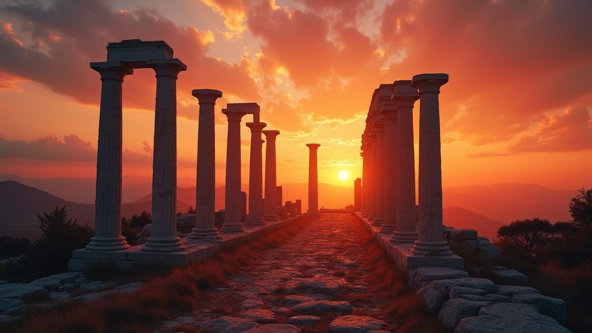 Ruinas griegas bajo un atardecer dramático.