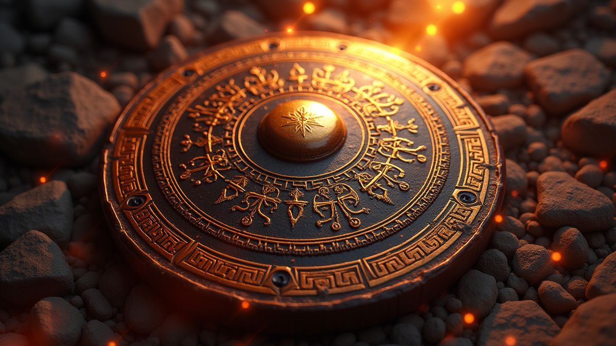 Un escudo griego con diseños intrincados y efectos brillantes.