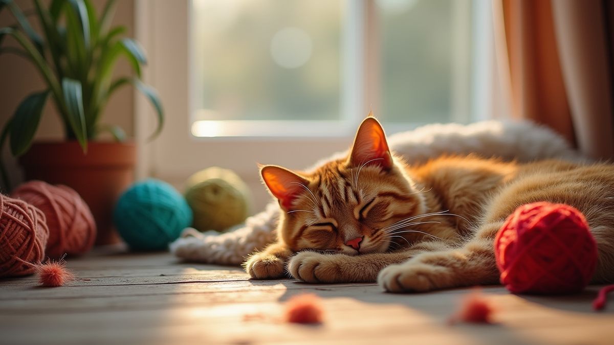 Un chat dormant dans un salon avec des pelotes de laine colorées.