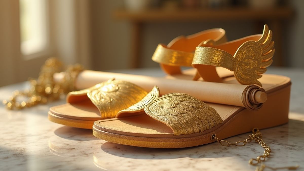 Golden scrolls and winged sandals on white marble.