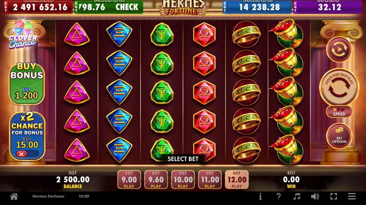 Hermes-Fortunes-Basisspiel auf einem 6x5-Raster mit Gewinnen an beliebiger Position