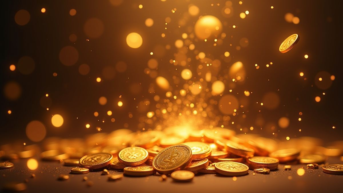 Moedas douradas e faíscas brilhantes flutuando no ar.