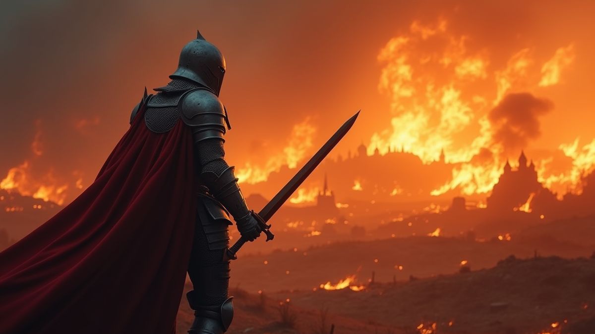 Um cavaleiro heroico segurando uma espada diante de um campo de batalha em chamas.